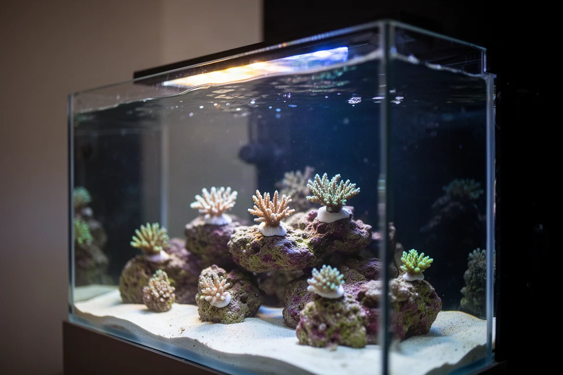 浅水礁岩水族箱中的珊瑚断枝,笼罩在柔和的蓝光与暖白光下