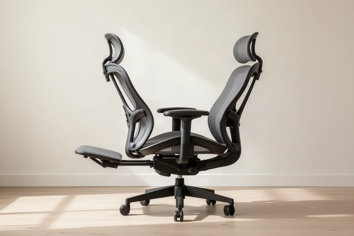 Persona recostada en una silla ergonómica con el reposapiés extendido
