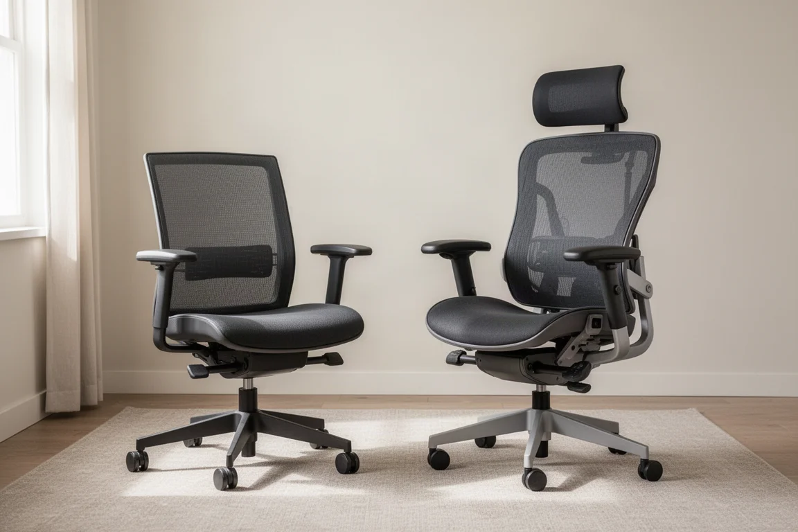 Dos sillas ergonómicas de oficina lado a lado en una oficina en casa luminosa
