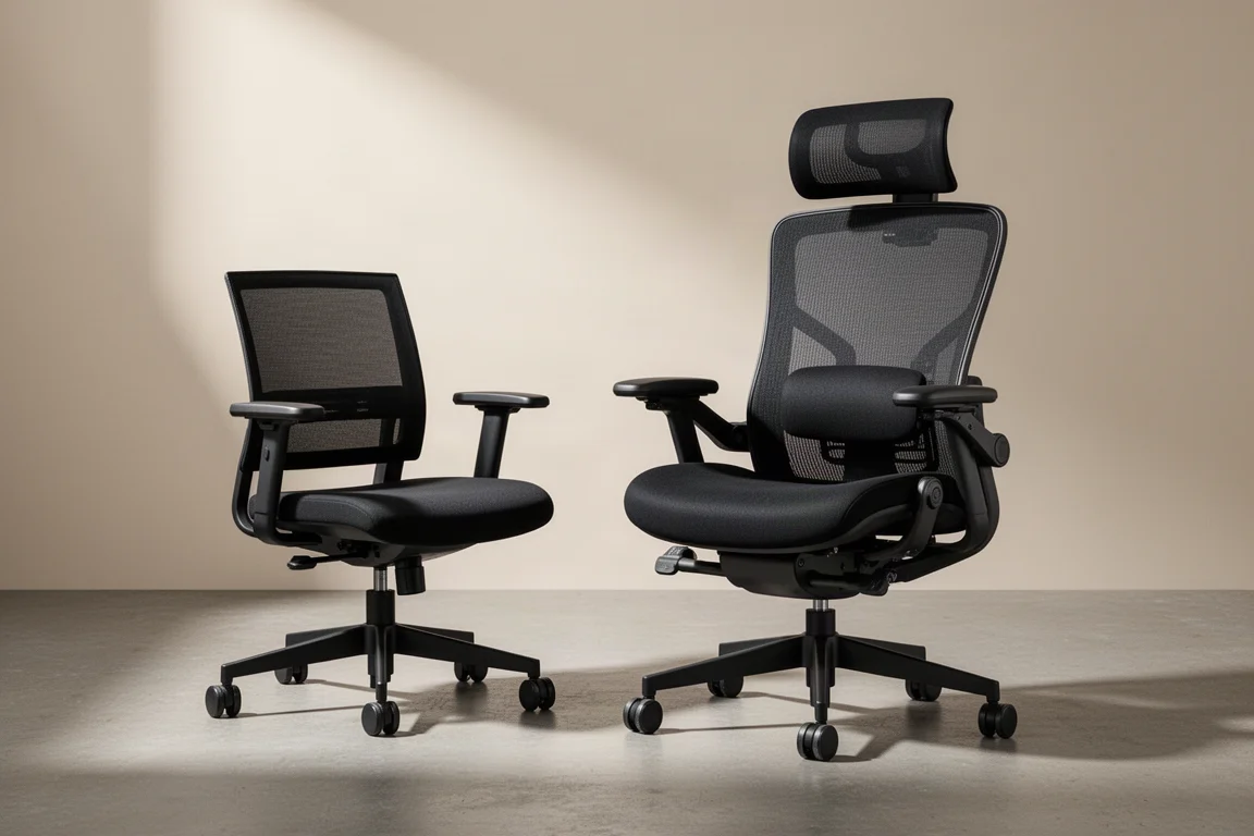 Simple mesh office chair beside a more complex ergonomic chair on a concrete floor