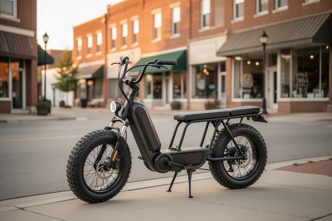 Moped-style ebike parked on a small town street in morning light