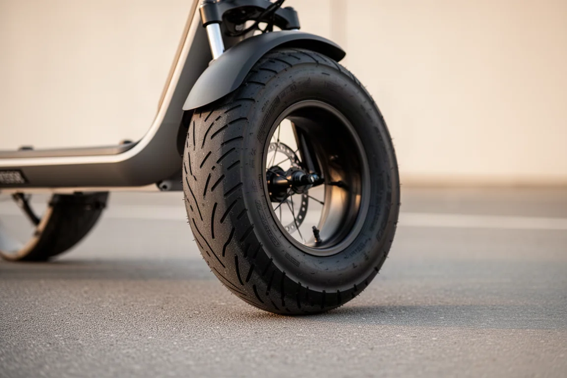 Close-up of fat knobby tire on pavement