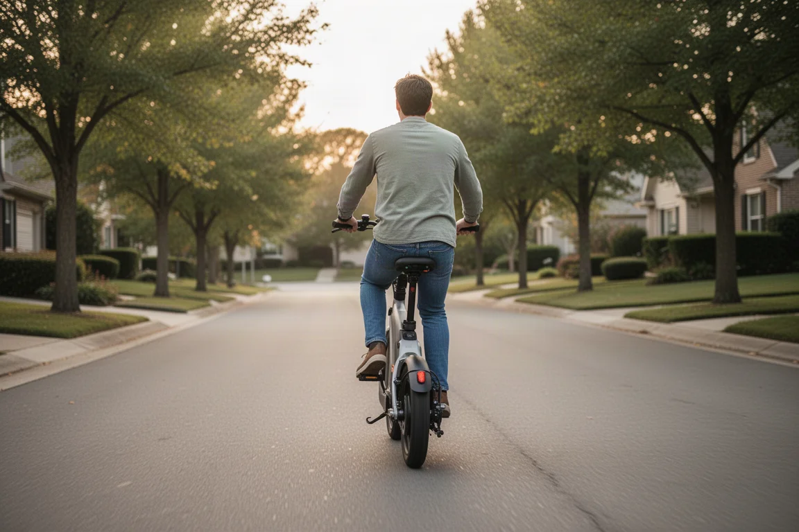 Rider on a moped-style ebike climbing a gentle suburban hill