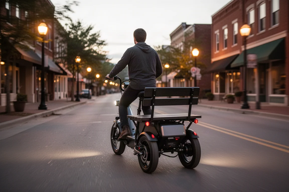 Moped-style ebike cruising through a small town street at dusk
