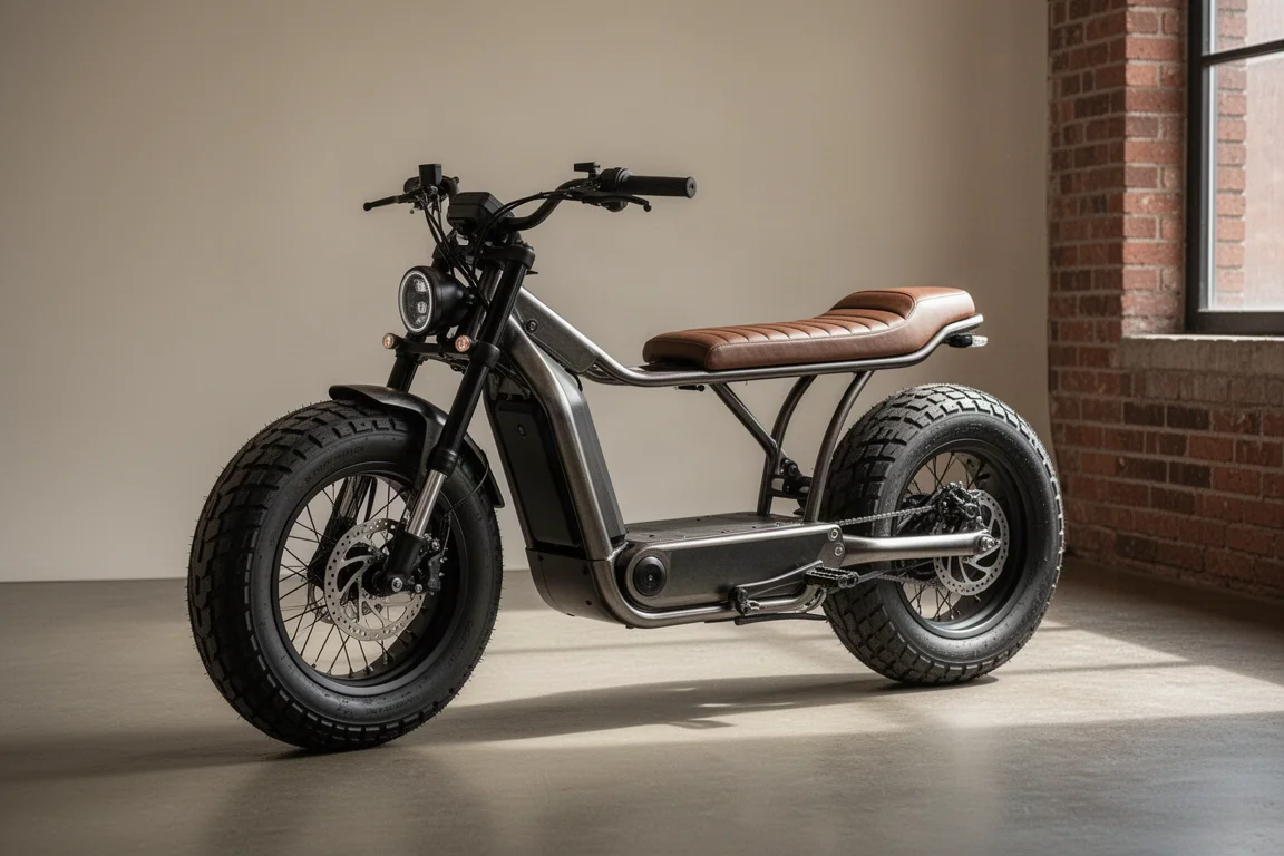 Haoqi Rhino moped-style ebike in three-quarter view on concrete surface