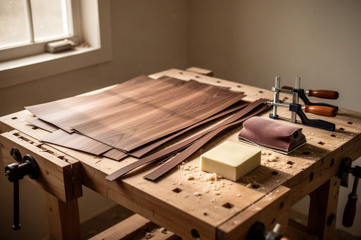 Feuilles de placage en noyer et serre-joints sur un établi dans une lumière chaude