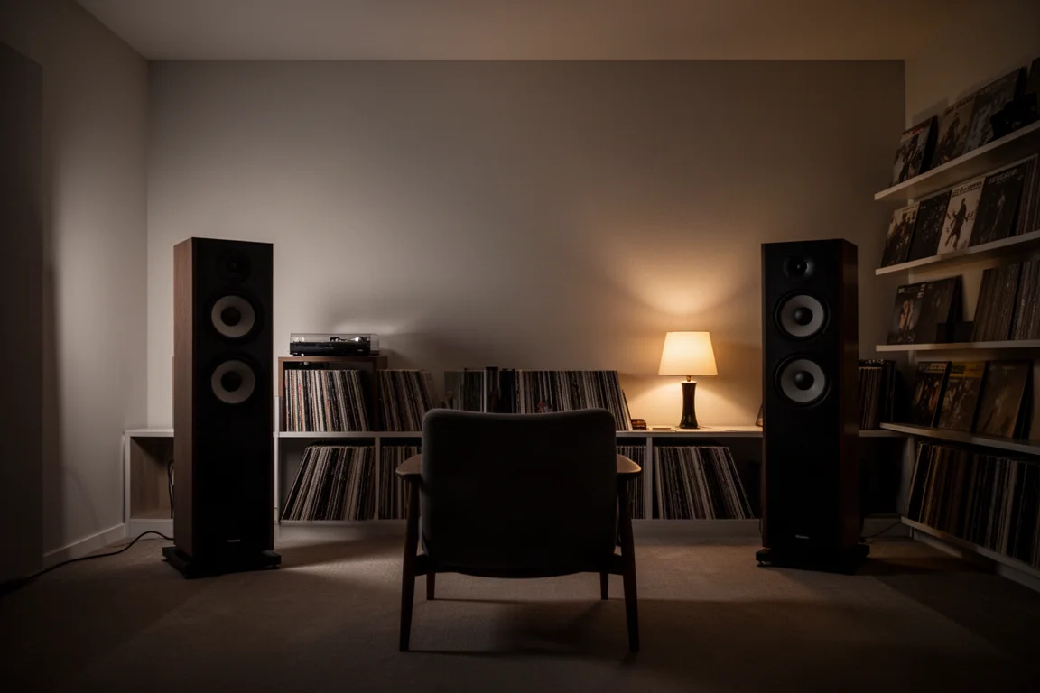 Salle d'écoute tamisée la nuit, avec les enceintes face à un fauteuil vide