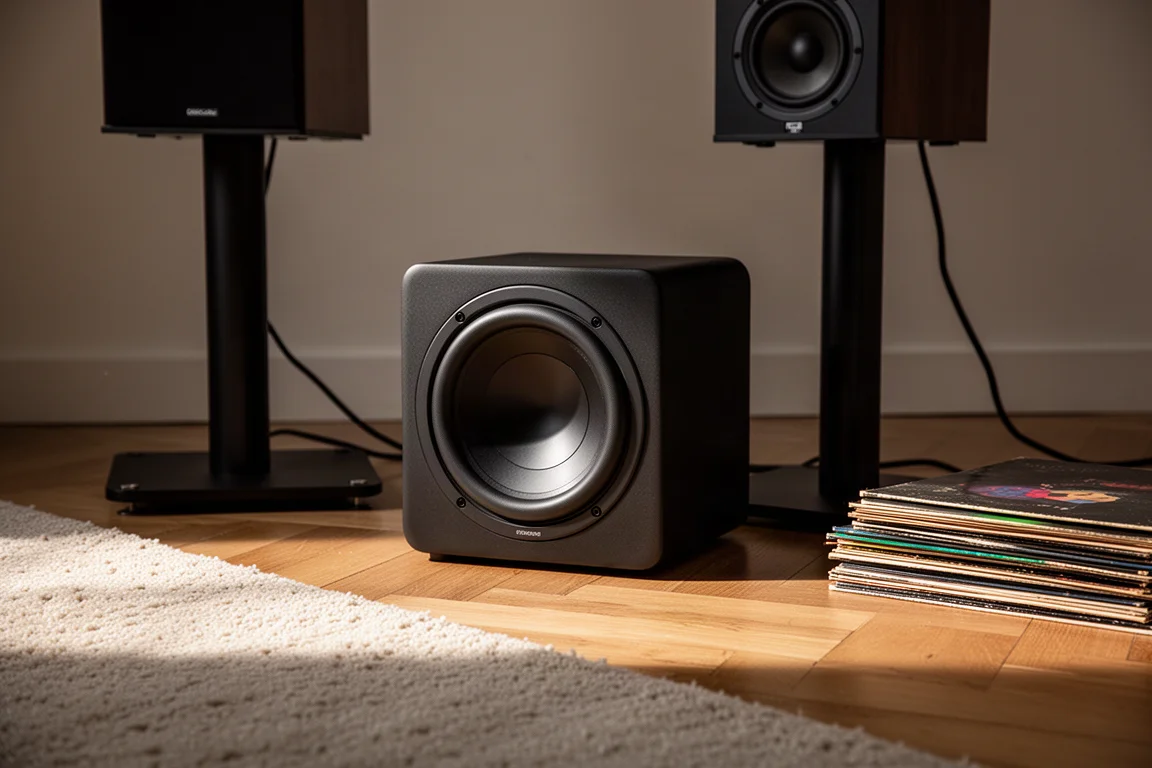 Caisson de basses compact noir sur un sol en bois à côté d'un pied d'enceinte