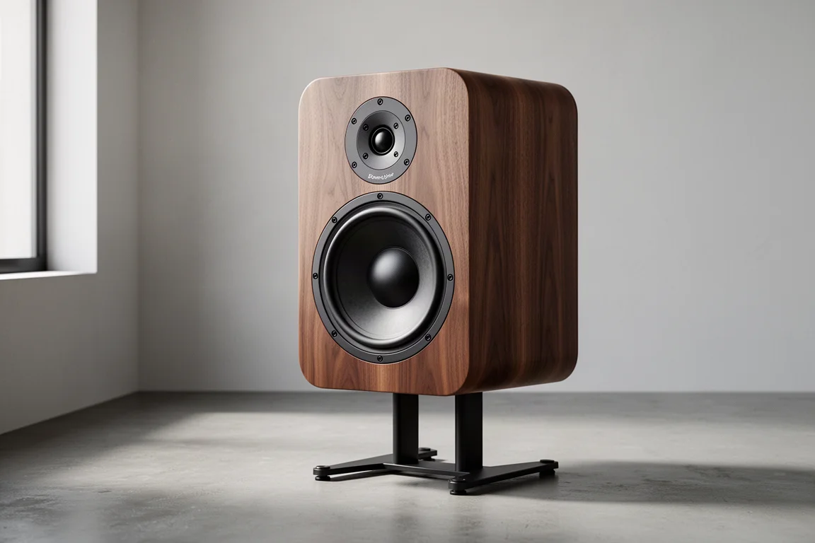 Walnut stand-mounted loudspeaker with drivers visible on a matte concrete surface