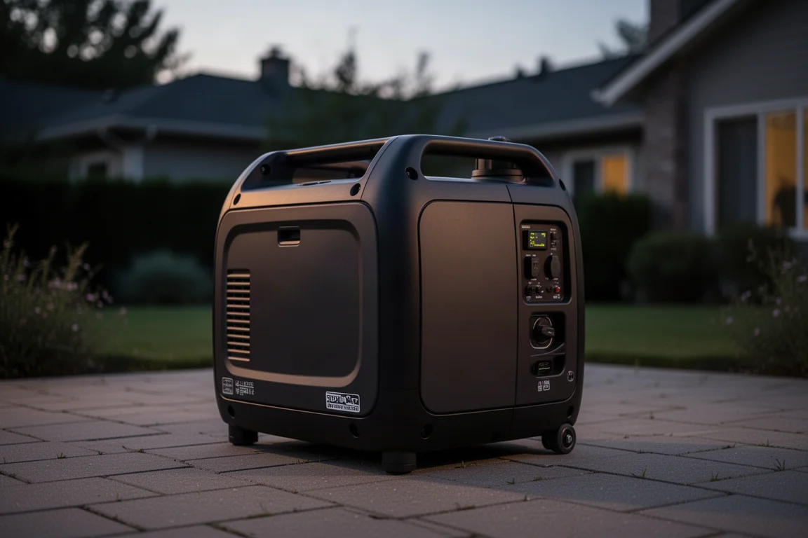 Generatore inverter completamente chiuso su un patio pavimentato nella luce soffusa della sera