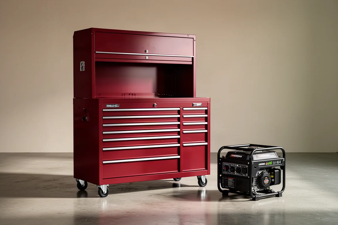 Large red steel tool chest with hutch beside a portable generator on a garage floor
