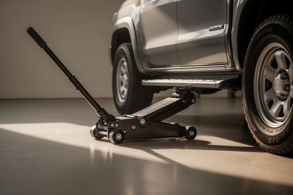 Macaco de piso de perfil baixo deslizando sob a lateral de uma caminhonete em uma garagem residencial