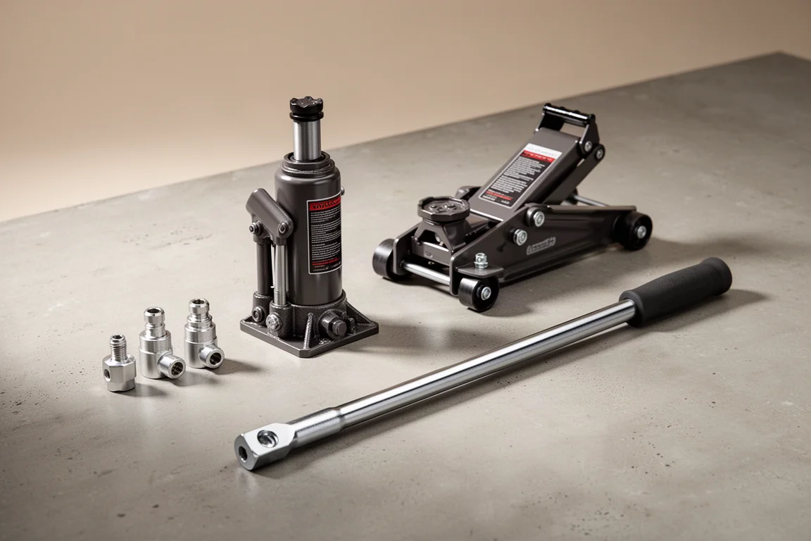 Workshop tools including a bottle jack, floor jack, and breaker bar arranged on concrete