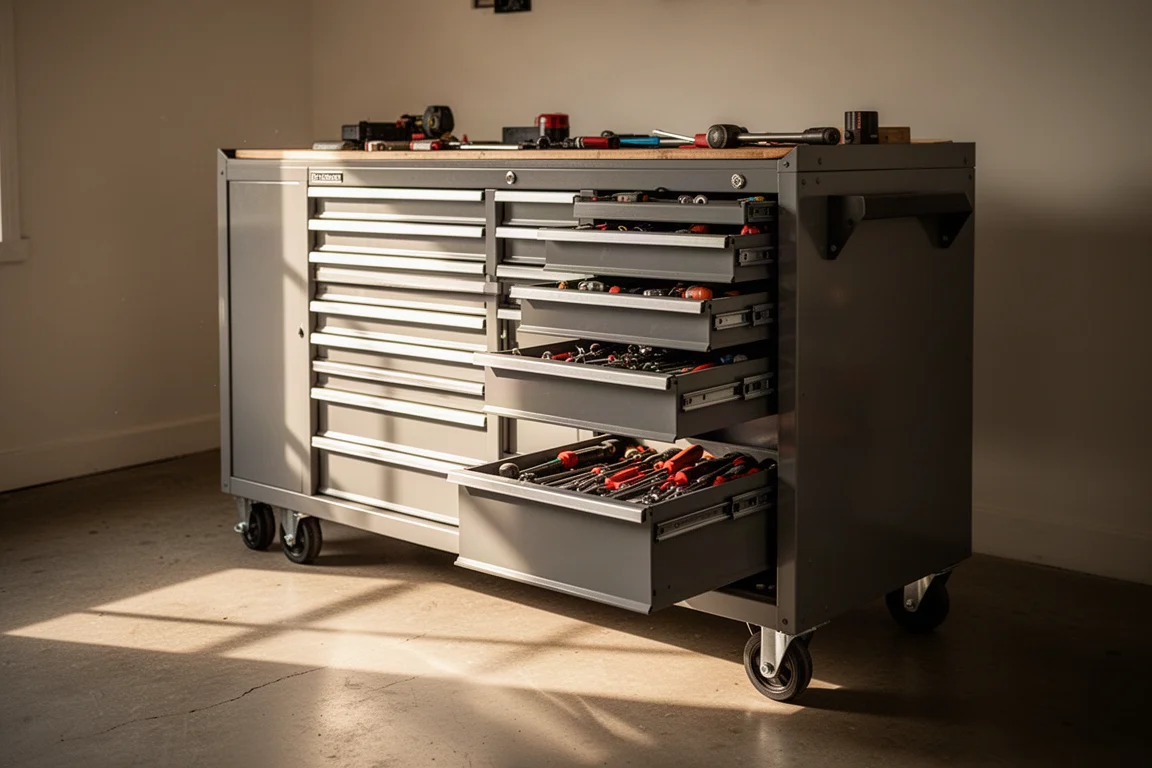 Caisson à outils roulant gris, tiroirs ouverts, dans un garage-atelier domestique bien rangé