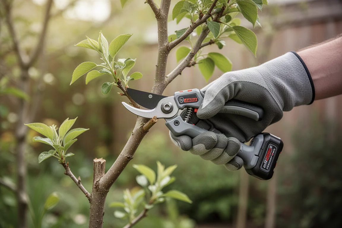 Jardinier taillant une petite branche d'arbre avec un outil de taille sans fil