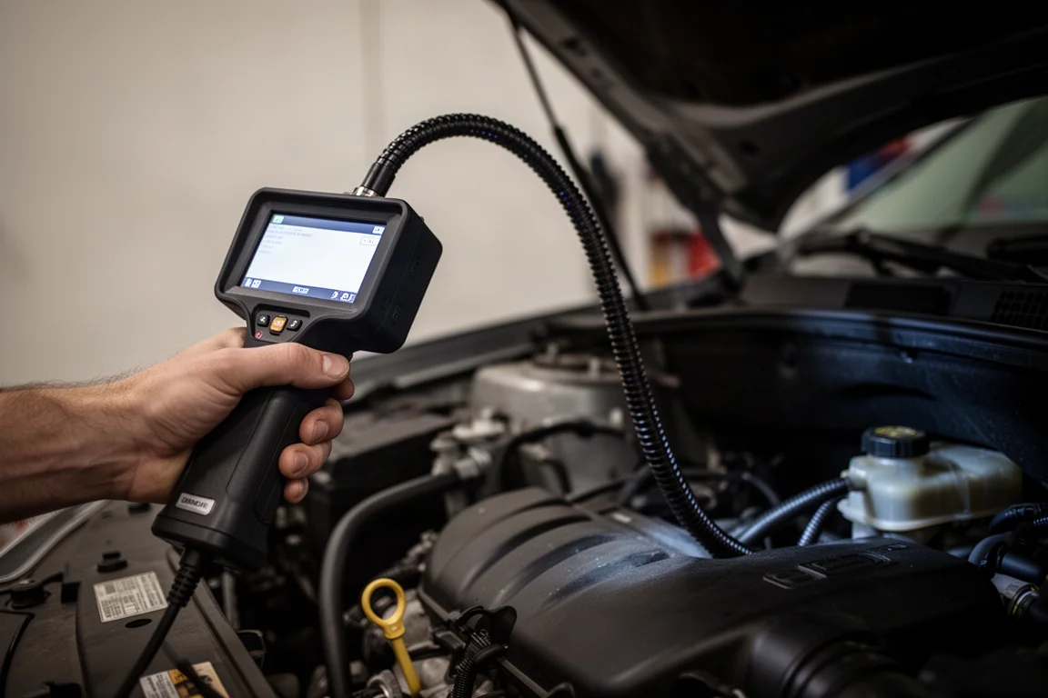 Caméra d'inspection portable avec câble flexible utilisée à l'intérieur d'un compartiment moteur sombre
