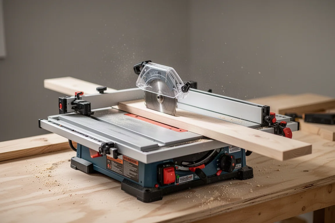 Scie à table compacte de chantier coupant une planche dans un atelier domestique, poussière de sciage dans l'air