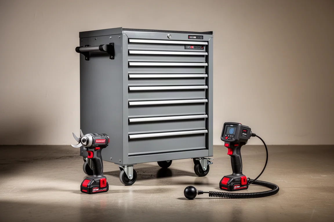 Gray rolling tool cabinet, cordless pruner, and handheld inspection camera on a workshop floor