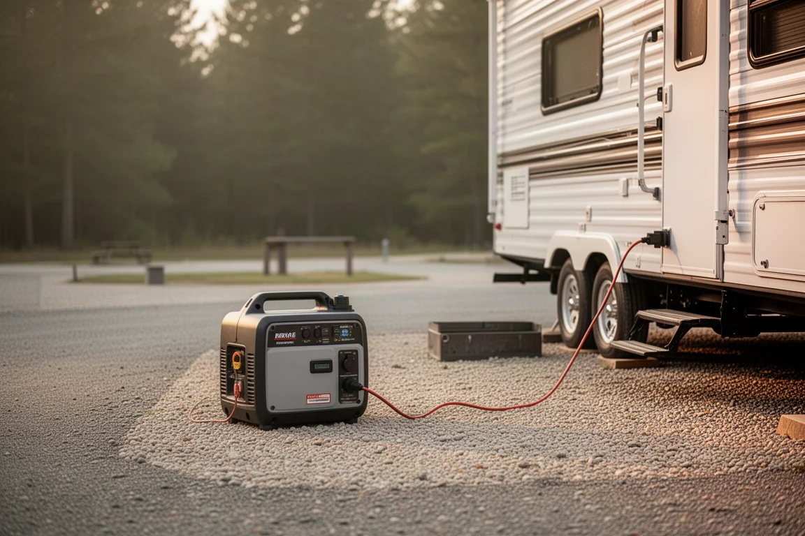 Przenośny generator inwerterowy stojący obo przyczepy kempingowej na polu namiotowym