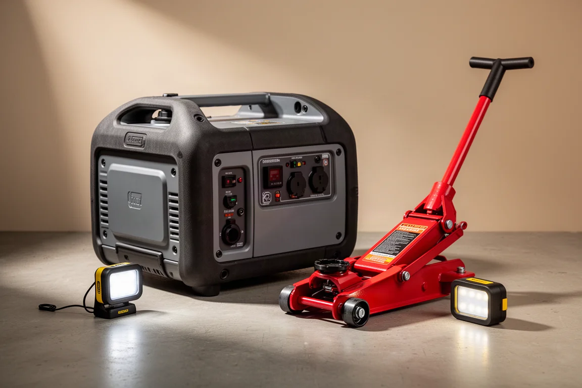 Portable generator, red floor jack, and magnetic LED work light on a concrete workshop floor