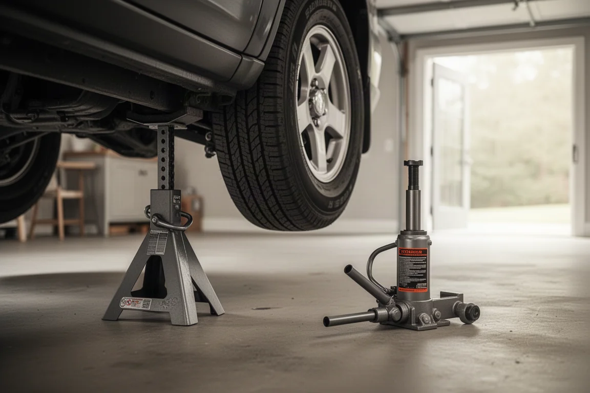 Car raised on jack stands in a home garage with a bottle jack nearby