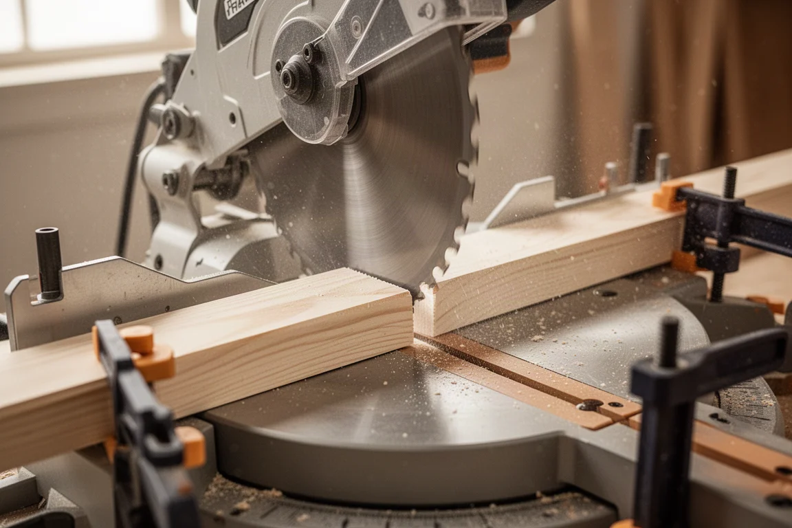 Compound miter saw cutting a board with sawdust in the air