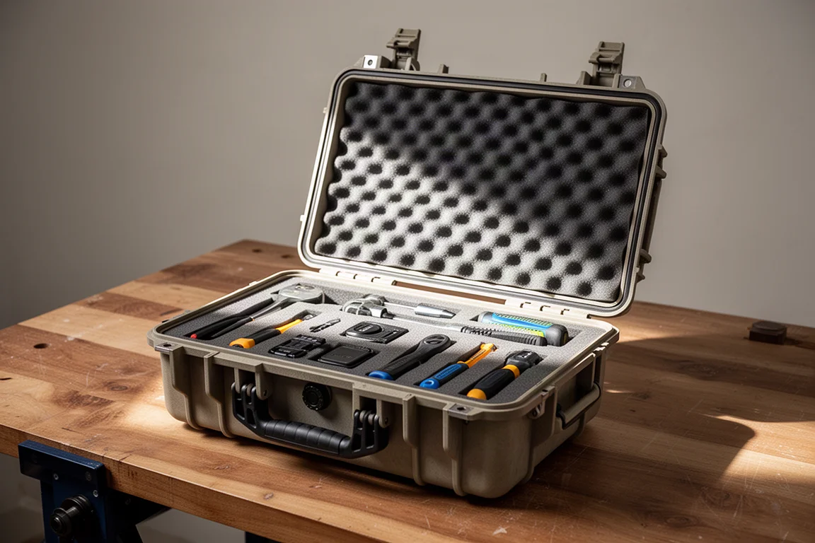 Rugged hard case packed with camera and tool gear