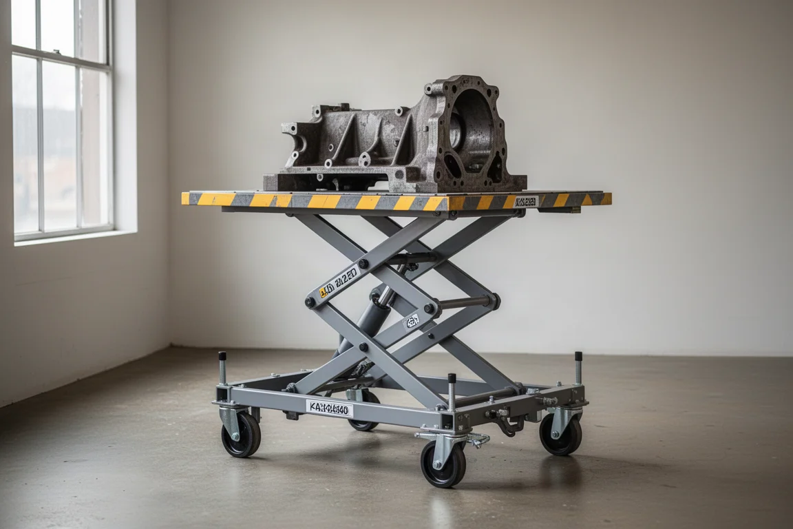 Hydraulic table cart holding a heavy engine block in a workshop