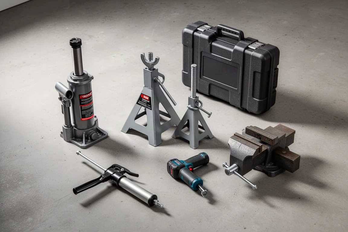 Flat lay of workshop tools including a bottle jack, jack stands, grease gun, hard case, and bench vise on concrete