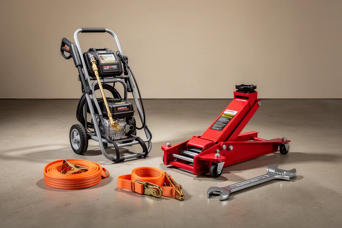 Workshop tools including a pressure washer, transmission jack, straps and wrench arranged on concrete