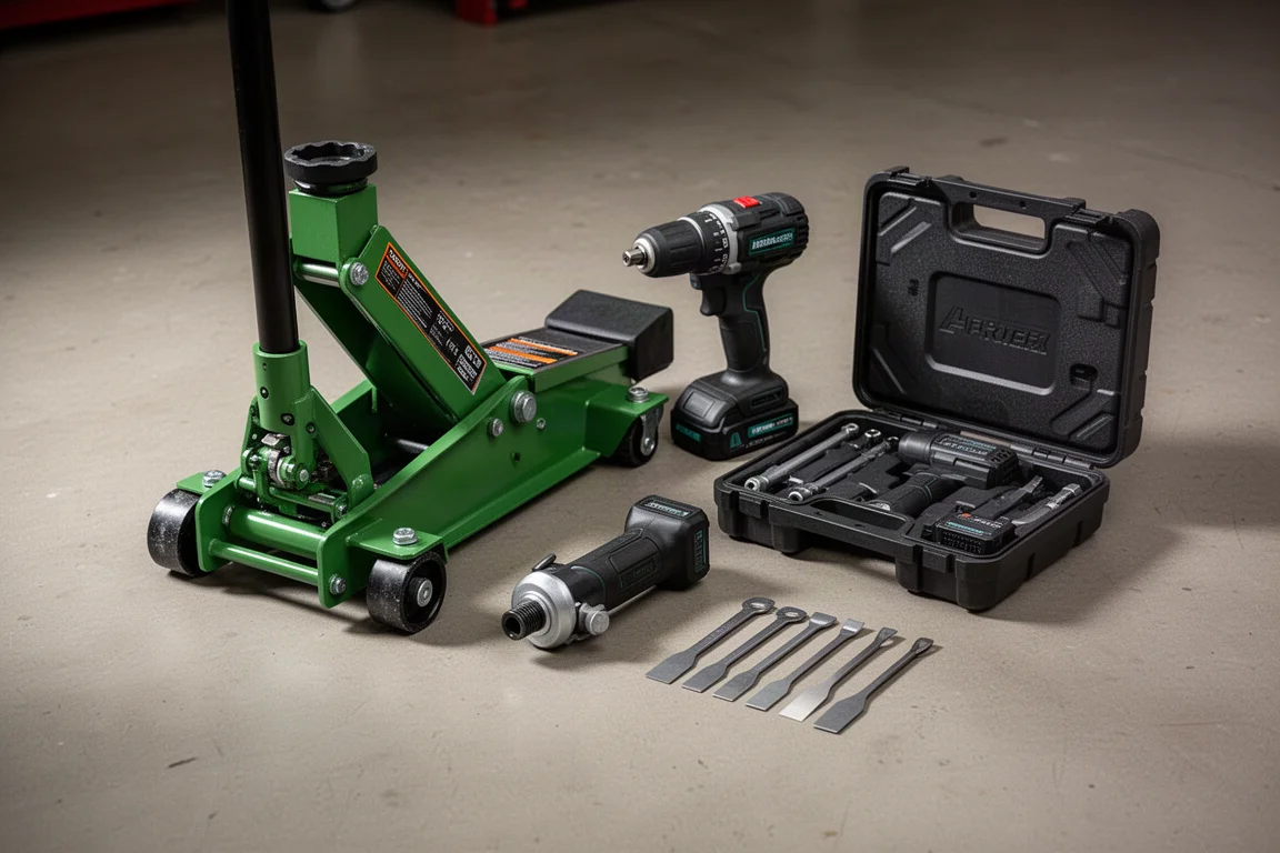 Collection of garage tools including a floor jack, impact driver, drill kit, and scrapers on concrete