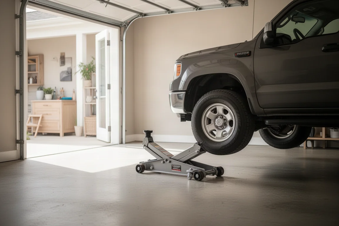 Un cric solleva la parte anteriore di un pickup in un garage domestico
