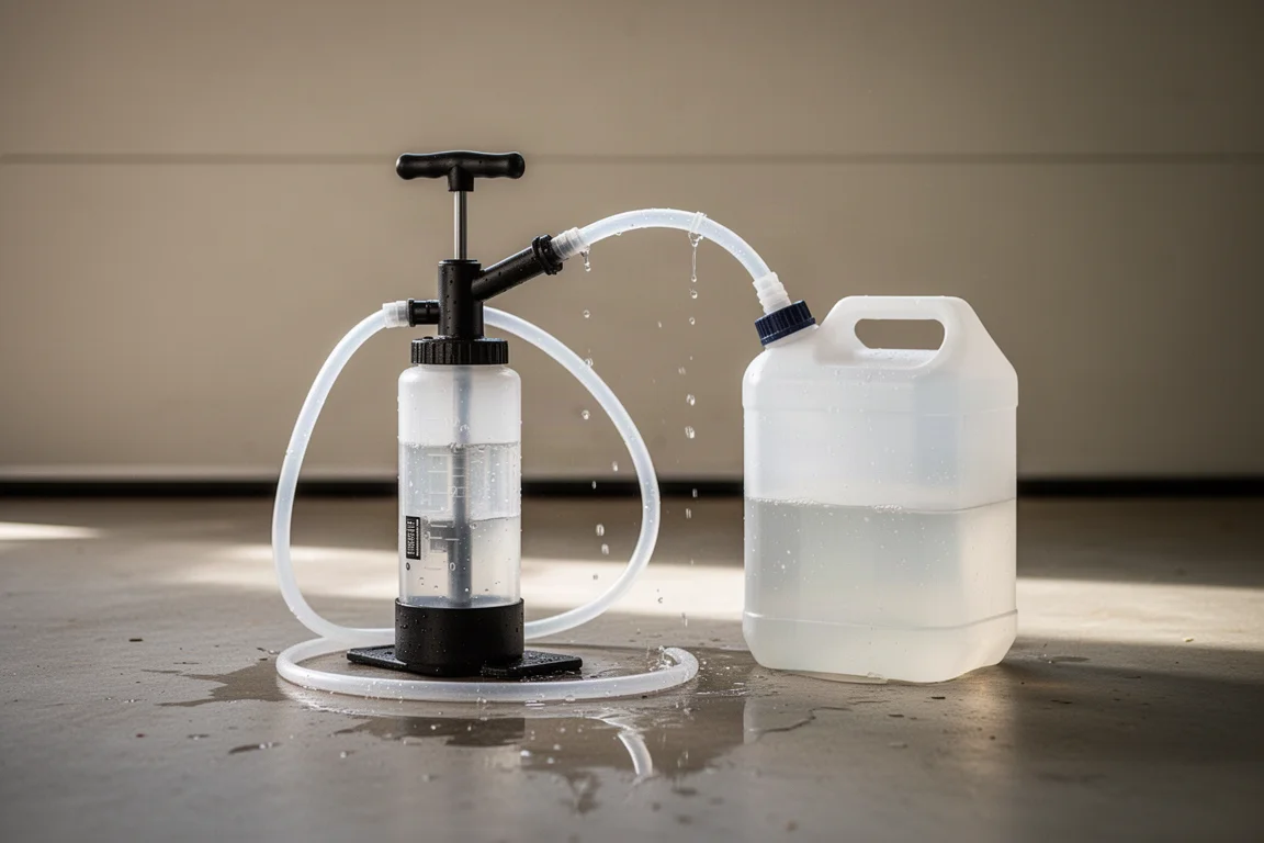 Una pompa manuale di travaso sposta liquidi tra contenitori sul pavimento del garage