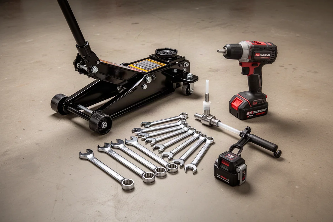 Workshop tools including a floor jack, wrenches, transfer pump, and cordless tool on concrete