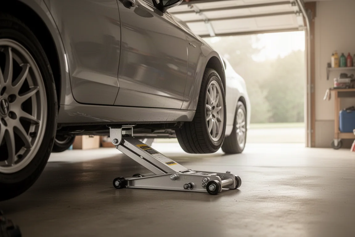 Kompakt aluminiumgolvdomlyft som lyfter ett hörn av en bil i ett hemmagarage