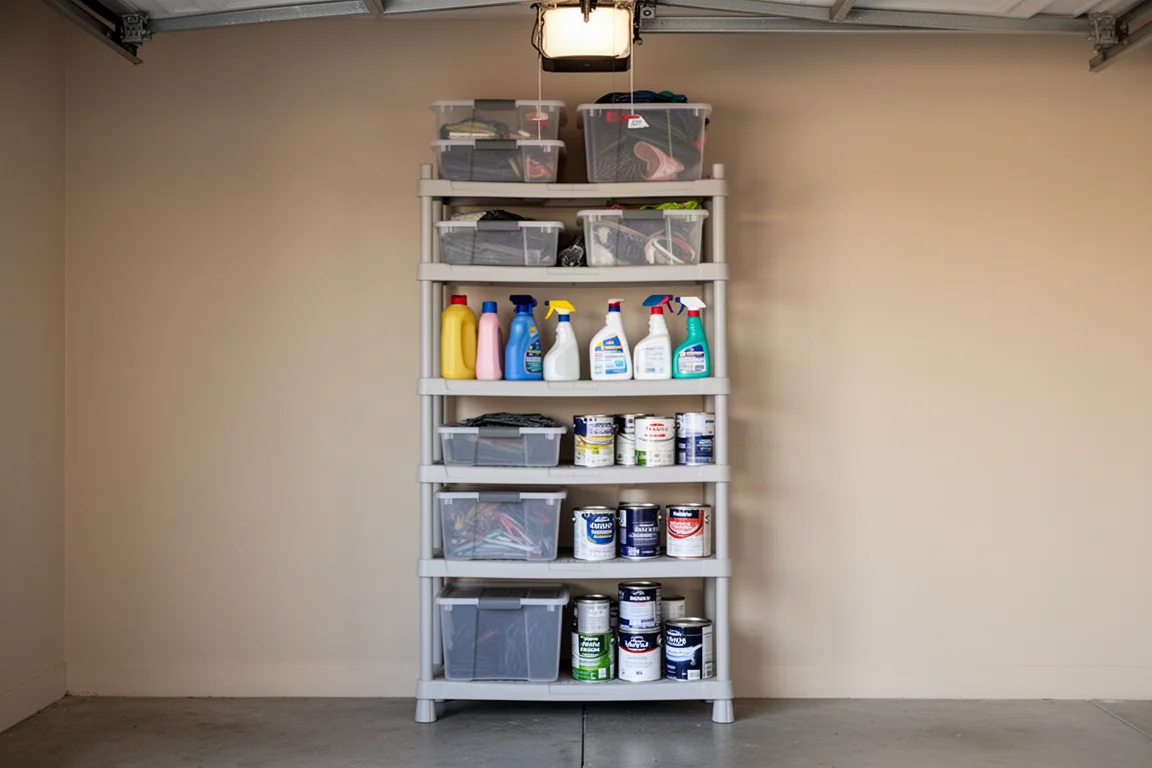 Plasthylla i fem nivåer med märkta backar i ett garages hörn