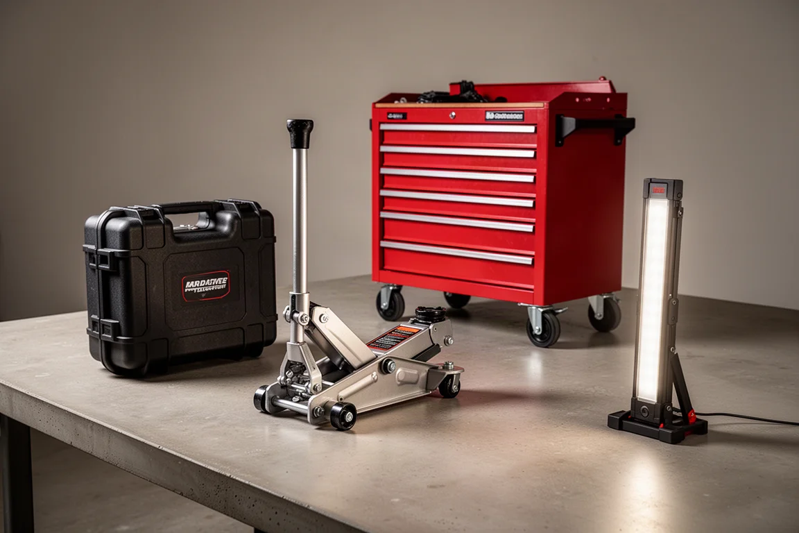 Garage gear flat lay with protective case, floor jack, tool cart, and LED work light