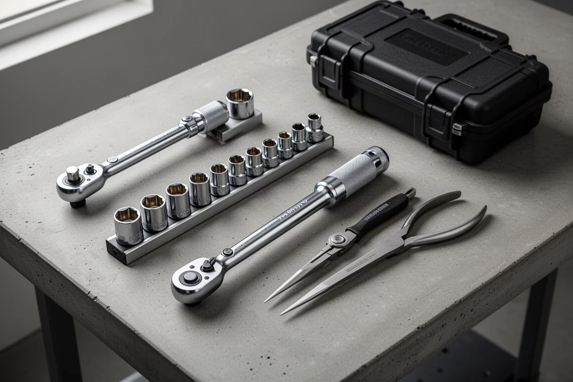 Flat-lay of mechanic hand tools including ratchet, sockets, torque wrench, pliers, and hard case