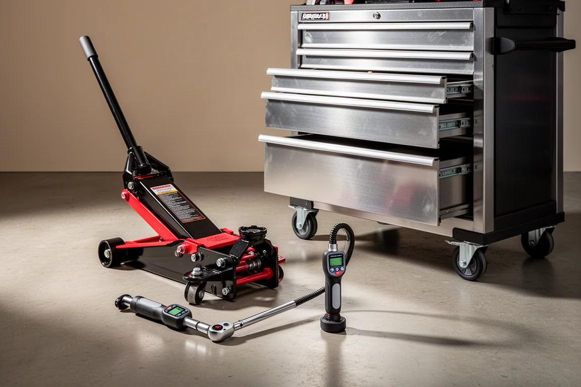 Floor jack, digital torque wrench and rolling tool cabinet in a garage scene