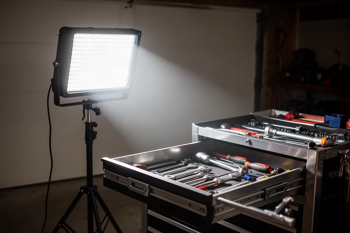 Large LED work light illuminating an open toolbox drawer in a dim garage