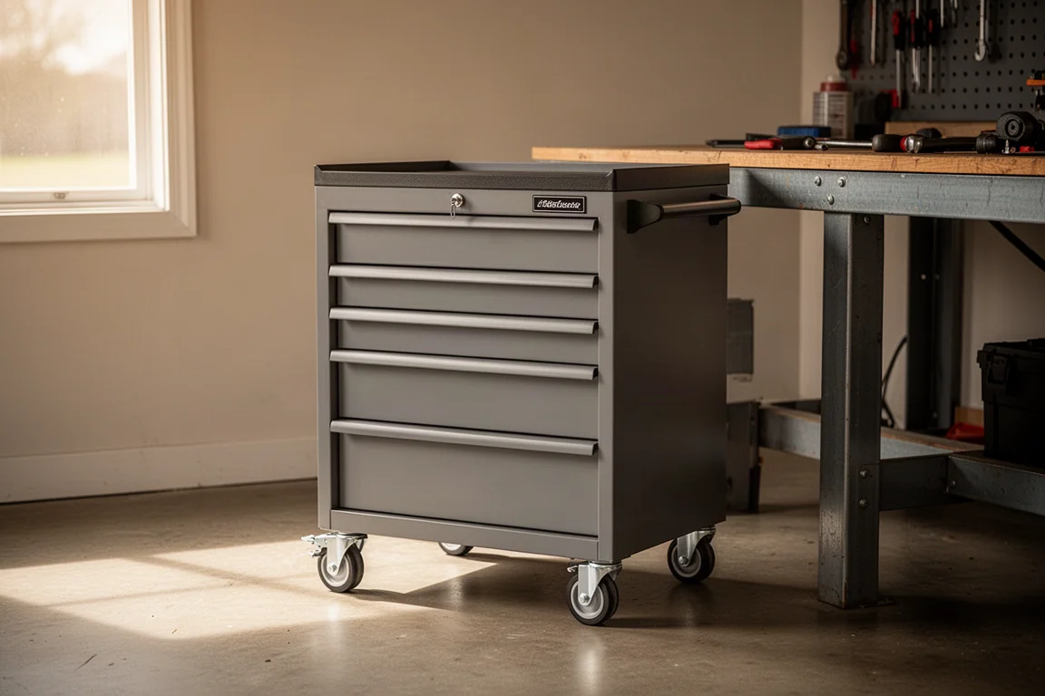 Four-drawer steel tech cart beside a workbench under warm shop lighting