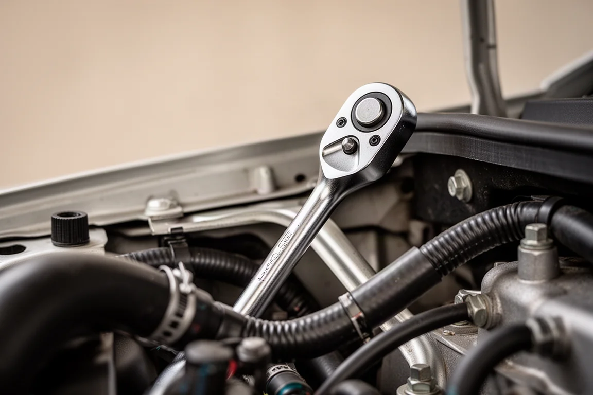 Flex-head ratchet reaching into a tight engine bay at an angle
