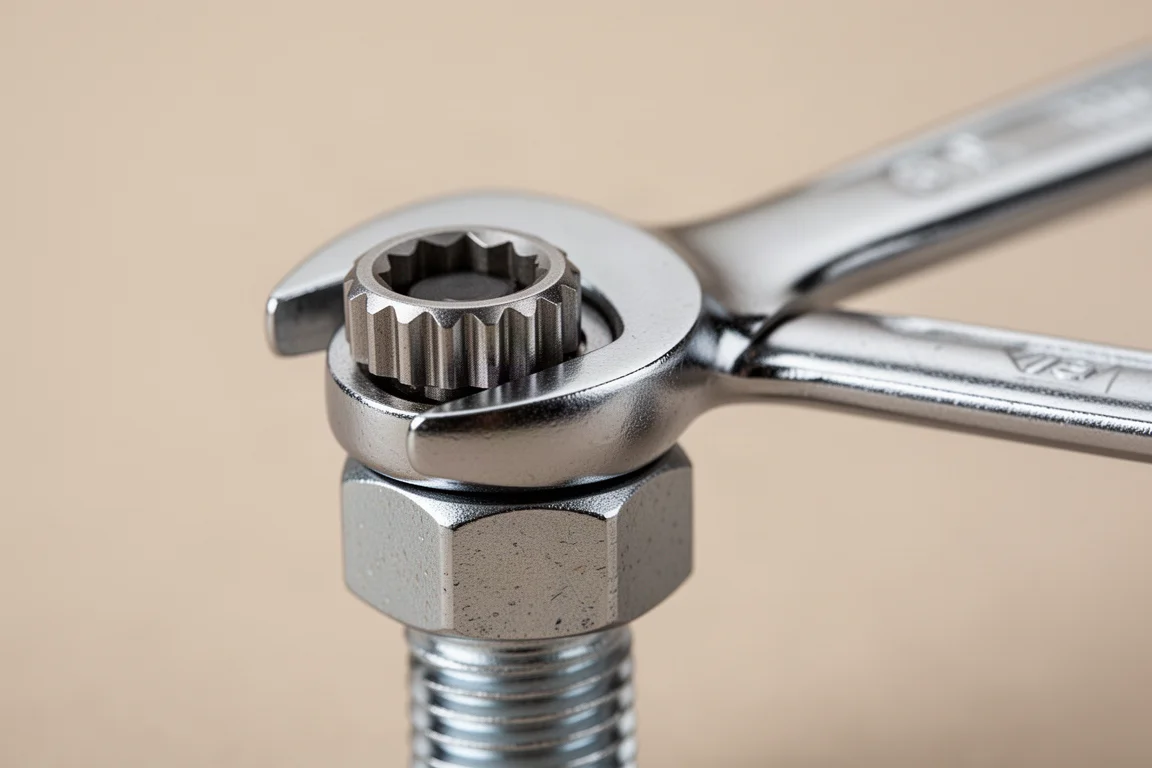 Ratcheting combination wrench working on a bolt head in close detail