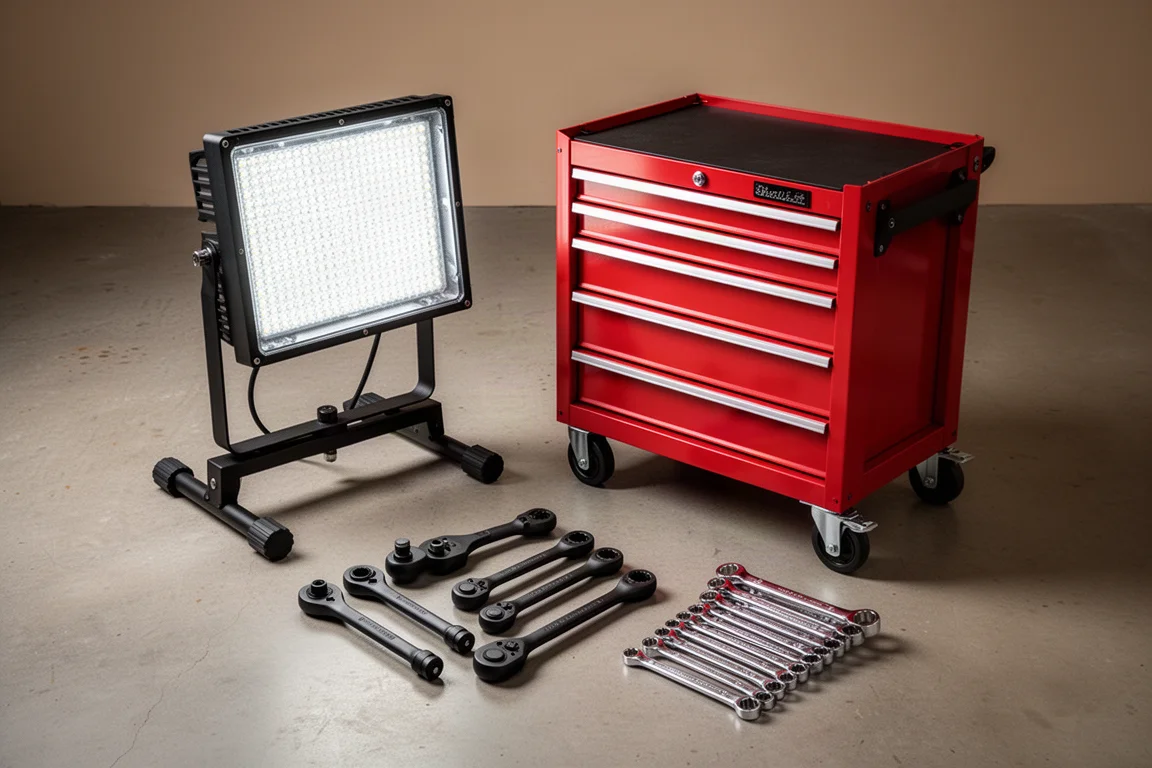 Work light, tool cart, flex-head ratchets and wrench set arranged on a garage workbench