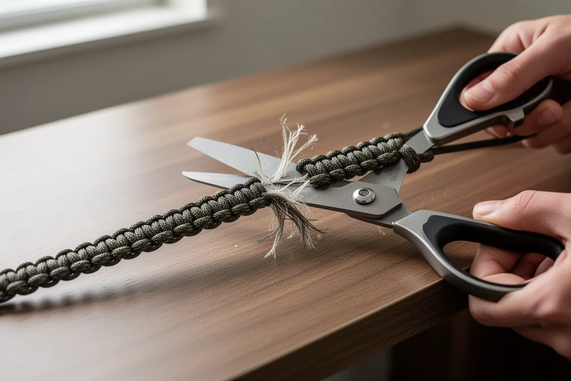 Tijeras de una multiherramienta cortando paracord sobre un escritorio de madera