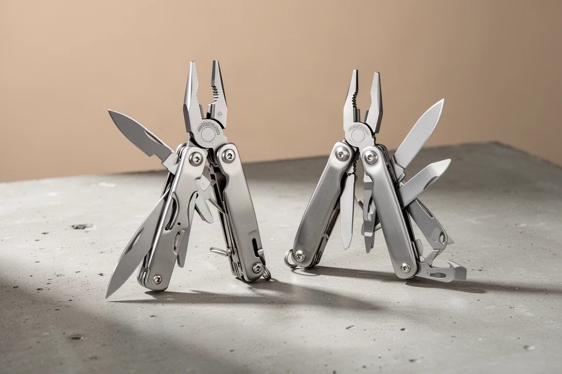 Two stainless steel multitools side by side on a concrete surface