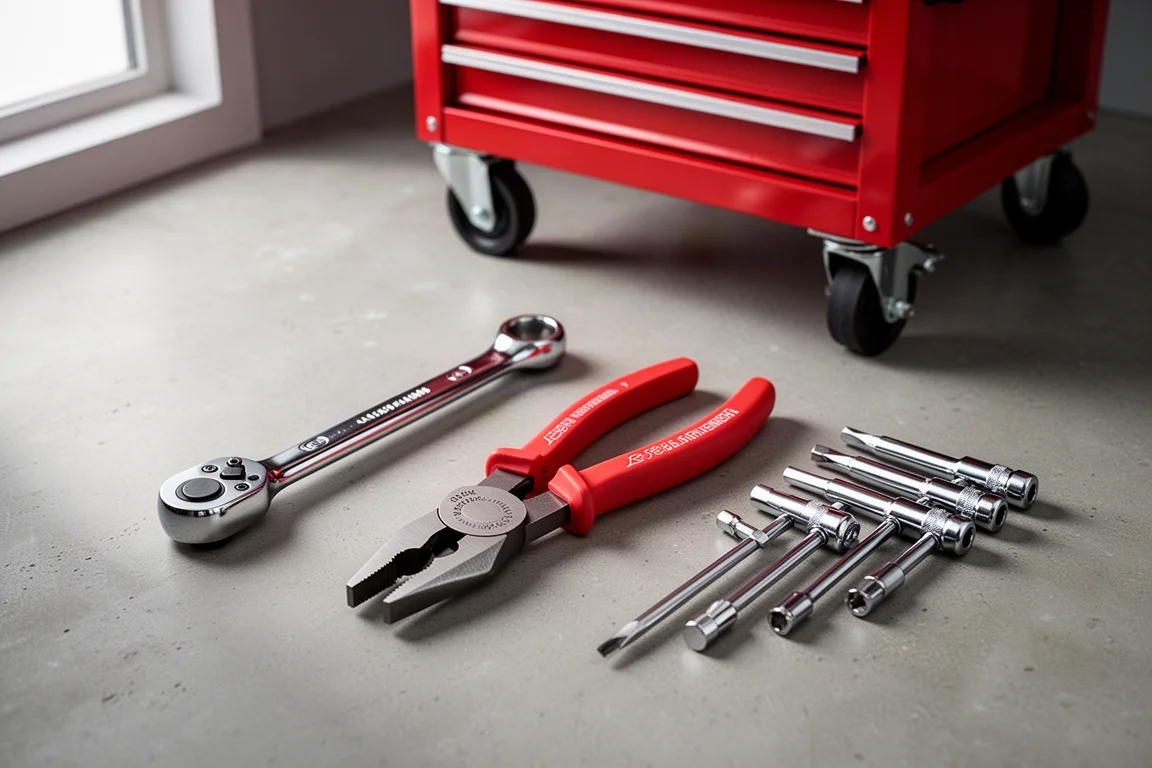 Service cart, ratchet, lineman pliers, and screwdrivers arranged on a concrete workshop surface