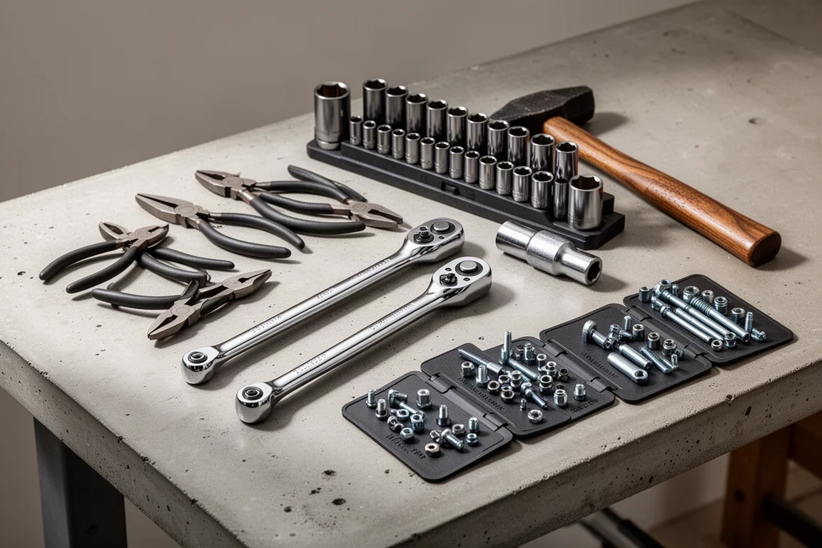 Flat-lay of assorted hand tools including pliers, ratchets, sockets and a hammer on a workbench