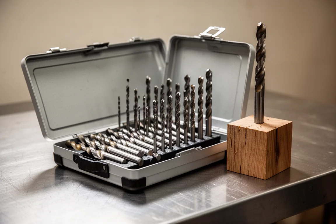 Primissimo piano di una custodia per set di punte da trapano aperta su una panca da lavoro