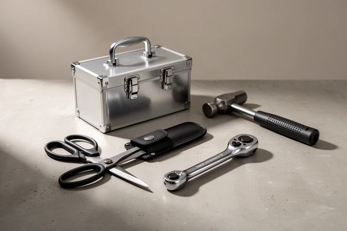 Assortment of small hand tools including a mini steel toolbox, scissors, ratchet, and hammer on concrete